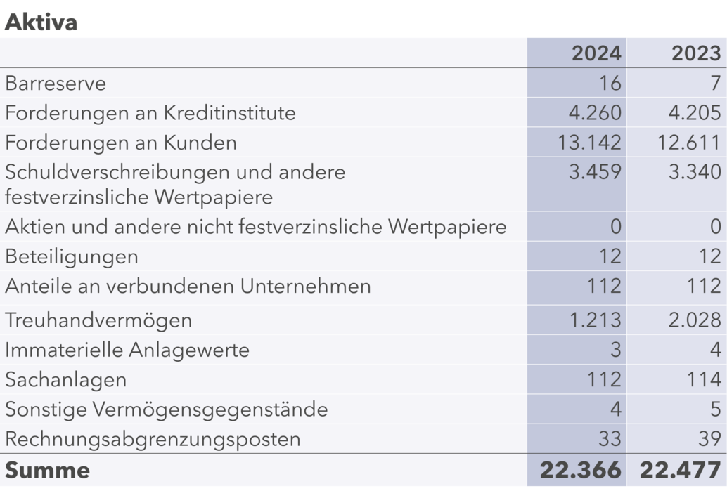 Diese Tabelle stellt die Aktivseite der Bilanz eines Kreditinstituts für die Jahre 2024 und 2023 dar. 
