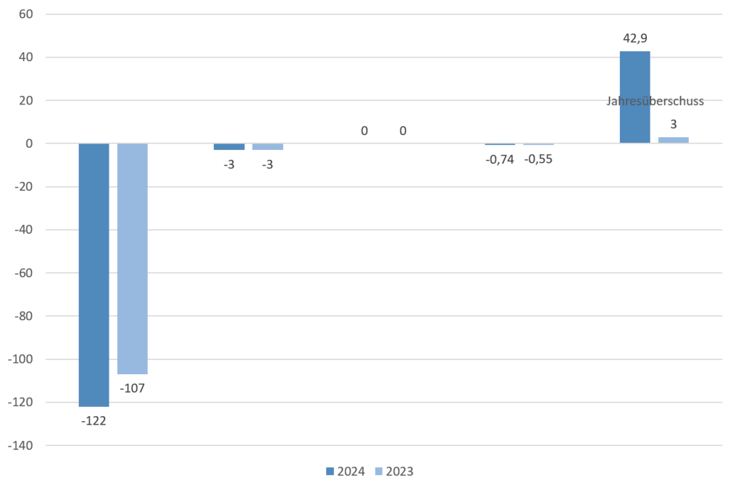 Dieses Balkendiagramm zeigt zentrale Aufwandskategorien sowie den Jahresüberschuss der Gewinn- und Verlustrechnung eines Kreditinstituts im Vergleich der Jahre 2024 und 2023